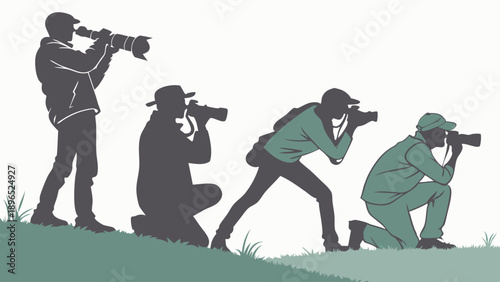 Wildlife Photographers Tracking Animals Outdoors Capturing Nature Shots with Telephoto Lenses for Editorial Use