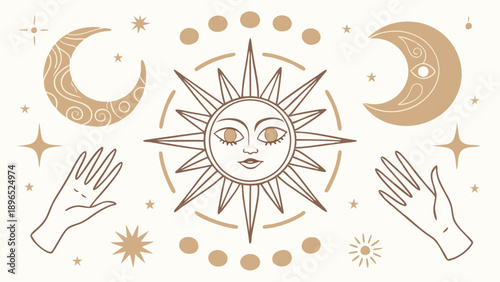 Mystical Celestial Sun Moon Hands Esoteric Occult Tarot Design for Spiritual Branding Web Graphics Packaging