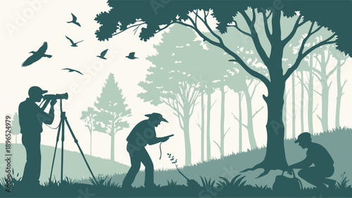 Ecology Research Team Observing Wildlife and Botany in Lush Forest for Conservation Projects and Nature Education Websites