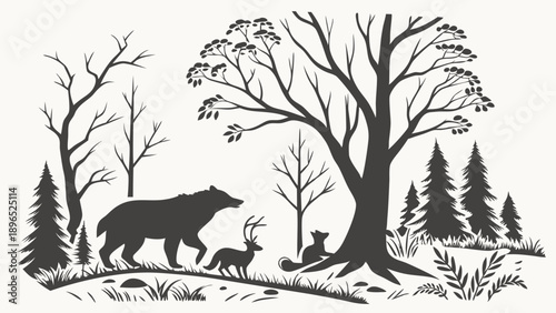 Rustic Forest Silhouette Scene with Bear Deer and Fox Wildlife Illustration for Nature Branding Packaging or Book Design