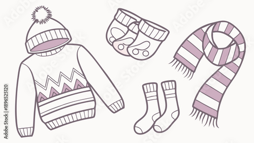 Cozy Winter Clothing Set for Kids Warm Sweater Hat Scarf Socks for Seasonal Retail Web Design Illustration