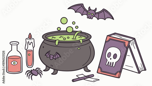 Spooky Halloween Potion Brewing Cauldron with Bat and Magic Spell Book for Holiday Design Projects