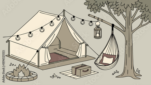 Glamping Setup with Cozy Tent String Lights Hammock Fire Pit for Outdoor Vacation Travel Website Design