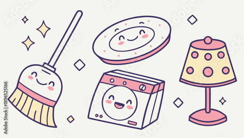 Cute Kawaii Cleaning Supplies Broom Dish Washing Machine Lamp for Home Organization Blog Design