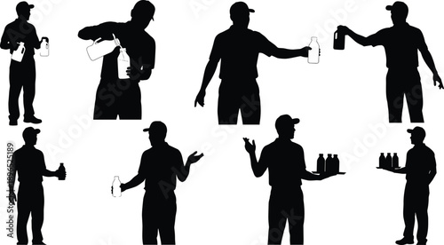 Bottle handling silhouettes, black vector icons, pouring, serving, presenting bottles, cap-wearing character, beverage action, tray service, commercial pose set