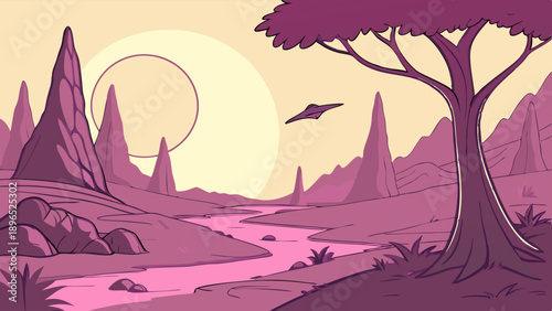 Alien Planet Landscape with Pink River and Futuristic Spaceship Flying Over Spiky Mountains for Sci Fi Game Design