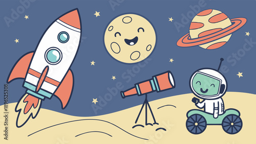 Cute Cartoon Space Adventure Rocket Moon Astronaut Exploring Planets for Kids Education Website Design