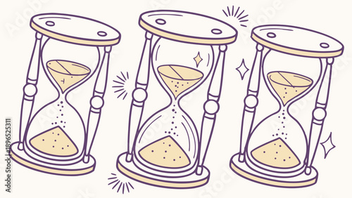 Three Tilted Hourglasses Sand Flowing for Time Management Deadline Planning and Project Progress Tracking