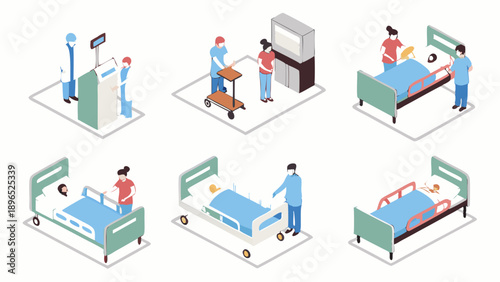 Isometric Hospital Scenes Patient Care Icons Medical Procedures Diagnostics Ward Transport for Healthcare Web Design and Infographics