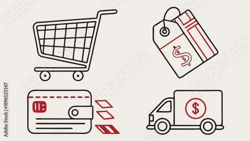 E-commerce Transaction Icons Set Shopping Cart Price Tag Wallet Credit Card Delivery Truck for Online Retail Web Design