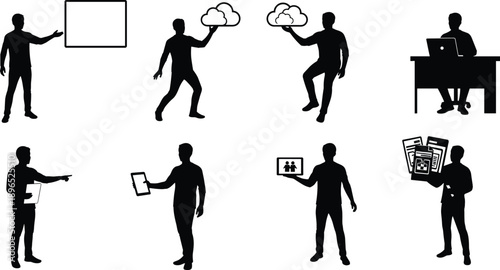 Technology silhouettes, digital interaction, cloud computing, tablet use, laptop work, data management, black figures, presentation pose, mobile activity, tech gesture