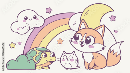 Cute Kawaii Cartoon Animals Fox Cat Turtle Under Rainbow for Nursery Decor Children Book Illustration Sweet Fantasy Scene