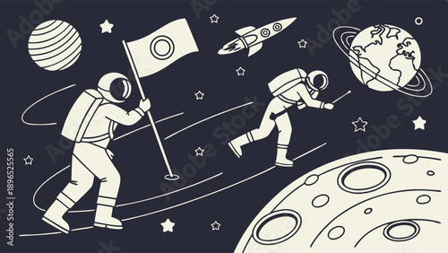 Astronauts Planting Flag on Moon Surface Exploring Space for Science Education Web Design and Future Technology Adventure