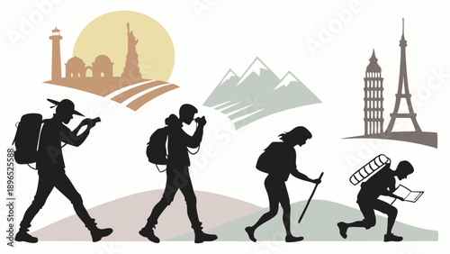 Travel Adventure Silhouettes Hiking Backpackers Exploring Global Landmarks for Tourism Web Design and Brochures