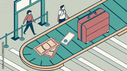 Airport Baggage Claim Security Check Conveyor Belt with Luggage and Money for Travel Finance Illustration