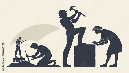 Construction Workers Building Foundation and Sculpting Stone for Infrastructure Development and Teamwork Success