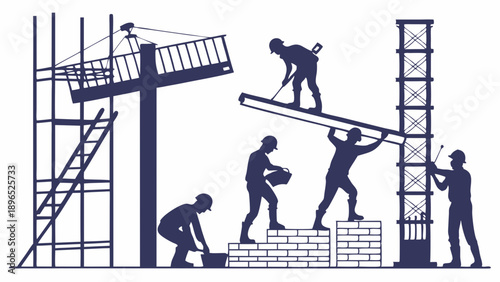 Construction Workers Building Foundation and Erecting Cross Symbol for Faith Ministry Growth and Teamwork Project Success