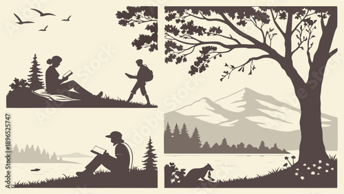 Outdoor Reading Relaxation and Nature Escape Silhouettes for Travel Leisure and Digital Detox Web Design Banners