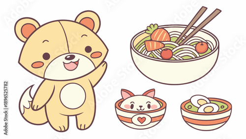 Cute Cartoon Fox Character Waving Beside Adorable Ramen Noodle Bowls for Food Blog Web Design Cafe Menu Graphics