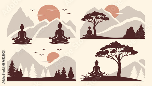 Serene Yoga Meditation Silhouettes in Mountain Landscape for Wellness App Design and Spiritual Retreat Promotion