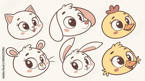 Cute Cartoon Pet and Farm Animal Heads Set for Childrens Book Design Web Icons Nursery Decor