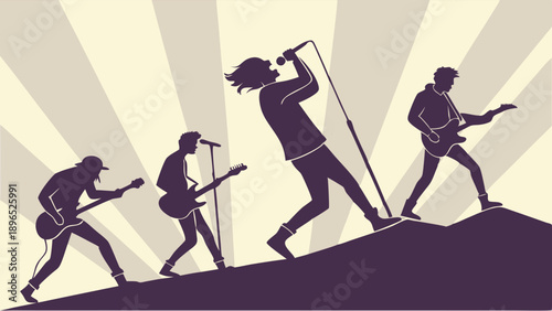 Rock Band Silhouettes Climbing Stage Steps Performing Live Music Concert Energy for Event Promotion and Entertainment Websites