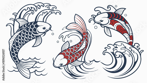 Dynamic Koi Fish Swimming Through Waves Japanese Tattoo Style Illustration for Tattoos Apparel Web Design