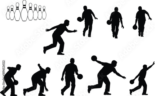 Bowling player silhouette illustration set, ten pin bowling action poses with ball, sports competition concept, recreation activity, isolated black vector design