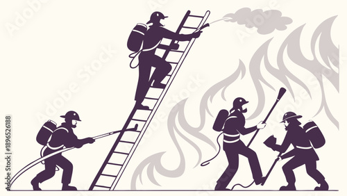 Firefighters Battling Intense Flames with Hoses and Ladder Rescue Operation for Emergency Safety and Protection Illustration