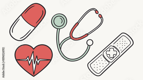 Medical Health Care Icons Set Featuring Heartbeat Stethoscope Pill and Bandage for Clinic Website Design or Patient Education Materials