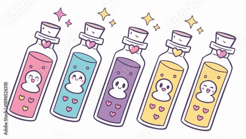 Kawaii Potion Bottles Set Cute Magic Elixir Vials for Love Charm Design Sweet Pastel Liquid Graphics for Web Game UI