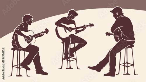 Acoustic Guitar Trio Performing Live Music Silhouette Focused Musicians Stool Seating for Concert Promotion or Music Education Website Banner