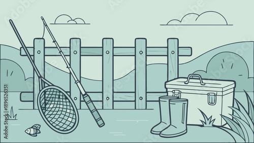 Outdoor Fishing Gear Setup with Rod Net Cooler and Boots Ready for Summer Vacation Angling Adventure Illustration