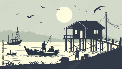 Vintage Silhouette Fishing Village Scene Fishermen Working Near Stilt House at Sunrise for Coastal Travel Web Design