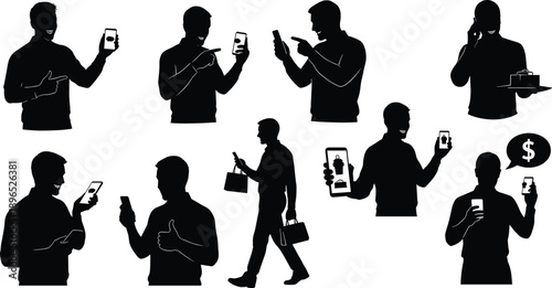 Silhouette smartphone usage illustration, mobile interaction, shopping app, communication gesture, digital lifestyle, black figures, modern tech concept