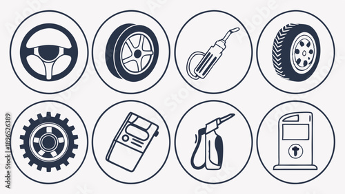 Automotive Service Icons Set Steering Wheel Tire Pump Gas Nozzle for Auto Repair Shop Web Design Maintenance Guide UI UX