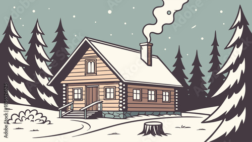 Cozy Winter Cabin in Snowy Forest with Smoke Rising for Holiday Travel Brochures Website Banners Seasonal Design