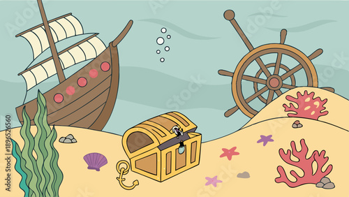 Underwater Treasure Chest Sunken Shipwreck Scene for Kids Game Design Adventure Background Excitement Discovery