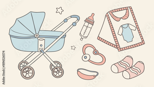 Cute Baby Shower Essentials Flat Lay Illustration for Nursery Design Website Graphics and Newborn Product Advertising