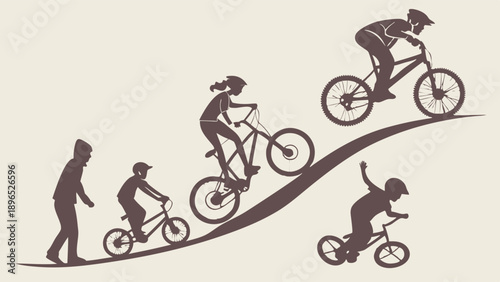 Bicycle Skill Progression Silhouette Showing Growth Learning and Extreme Sports Achievement for Web Design or Fitness Promotion