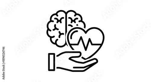 Simple Line Art Illustration of Hand Holding Heart and Brain.