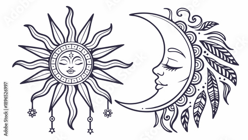 Bohemian Sun and Moon Celestial Tattoo Design for Mystical Branding Spiritual Website Graphics and Esoteric Tattoos
