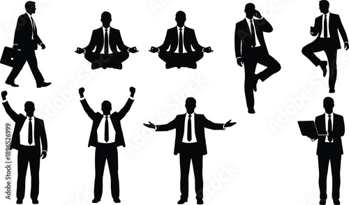 Business man silhouette illustration set, corporate professional poses, meditation success confidence leadership concept, isolated black vector design on white background