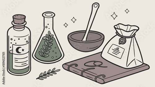 Mystical Apothecary Ingredients for Herbalism and Potion Making on Witchcraft Altar