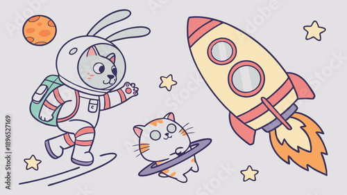 Cute Astronaut Cat Floating in Space with Rocket for Children's Book Illustration or Nursery Decor Design