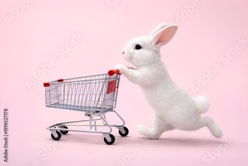 White Easter Bunny Pushing Shopping Cart on Pink Background, Minimal Holiday Shopping Concept with Copy Space