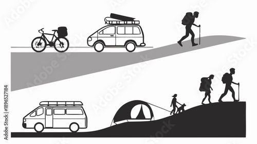 Outdoor Adventure Travel Progression Bicycle Van Hiking Camping Journey Comparison for Tourism Web Design