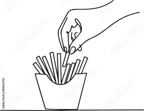 A hand reaching for fries in a container on a flat surface, viewed from the side