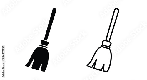 Two brooms depicted in contrasting styles one filled and one outlined silhouette