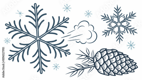 Winter Snowflakes Blowing Wind Around Pine Cone for Holiday Season Design Projects and Seasonal Web Graphics